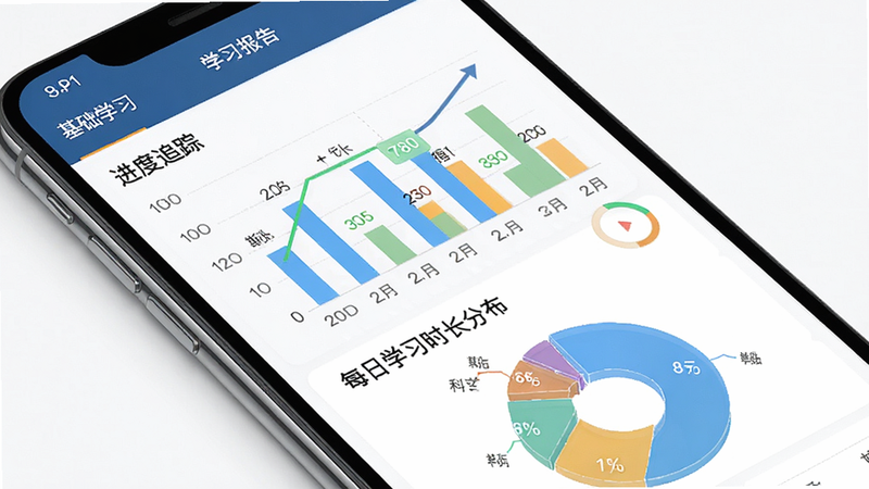 主体为手机屏幕,显示“基础学习”APP的学习报告页面,布局为柱状图与饼图,展示每日学习时长与科目分布。排版专业,风格商务,细节显示日期轴与数据标签,高清画质,干净背景,无多余元素,文字内容包含“进度追踪”