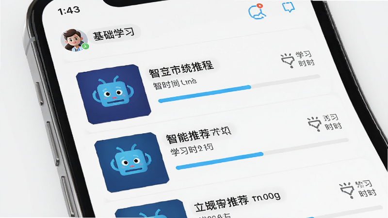 主体为手机屏幕,显示“基础学习”APP的课程推荐页面,布局为列表式,每项课程包含封面图、标题及进度条。排版整齐,风格清新,细节显示用户头像与学习时长,高清画质,干净背景,无多余元素,文字内容包含“智能推荐”