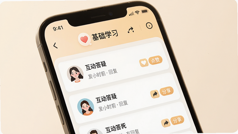 主体为手机屏幕,显示“基础学习”APP的社区讨论页面,布局为帖子列表,显示用户头像、昵称、发布时间及回复数。排版友好,风格温馨,细节显示点赞图标与分享按钮,高清画质,干净背景,无多余元素,文字内容包含“互动答疑”