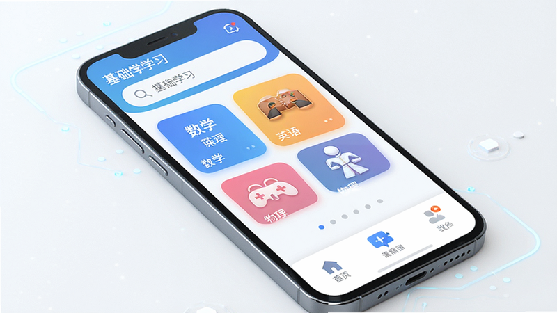 主体为一部智能手机屏幕,显示“基础学习”APP界面,布局清晰,顶部为搜索栏,中部展示课程分类卡片如数学、英语、物理,底部为导航栏。排版简洁现代,风格扁平化,细节处体现科技感,高清画质,干净背景,无多余元素,文字内容包含“基础学习”