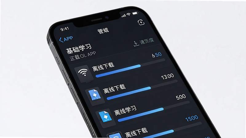 主体为手机屏幕,显示“基础学习”APP的下载管理页面,布局为进度条列表,显示正在下载的文件名及速度。排版简洁,风格科技感,细节显示Wi-Fi图标与电量状态,高清画质,干净背景,无多余元素,文字内容包含“离线下载”