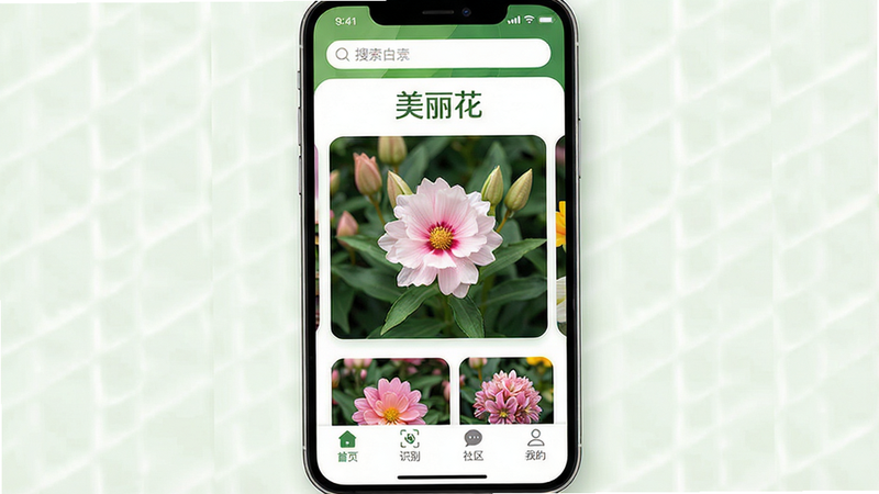 一张高清的手机应用界面展示图,主体为“美丽花”APP的主页界面,布局清晰,顶部有搜索栏和“美丽花”Logo,中间展示精美的花卉图片卡片,底部导航栏包含“首页”、“识别”、“社区”、“我的”图标,风格清新自然,绿色为主色调,细节精致,画质干净,无多余元素