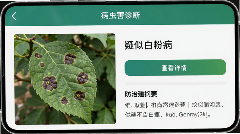 手机界面展示“病虫害诊断”结果页,左侧显示一张叶片有斑点的照片,右侧列出诊断结果“疑似白粉病”,下方有“查看详情”按钮及防治建议摘要,界面简洁明了,重点突出,色彩对比度适中,便于阅读,细节真实,画质高清,无模糊区域