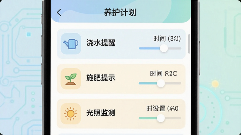 手机界面展示“养护计划”页面,列表形式展示“浇水提醒”、“施肥提示”、“光照监测”等条目,每个条目配有简洁图标,右侧显示时间设置滑块,界面设计扁平化,色彩柔和,体现科技感与实用性,文字清晰可读,布局整齐,无多余装饰