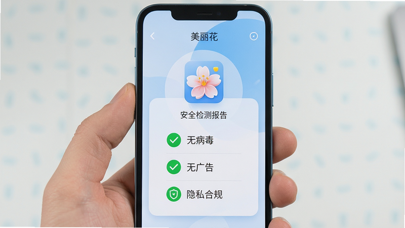 手机屏幕显示“美丽花”应用的安全检测报告,绿色对勾标记表示“无病毒”、“无广告”、“隐私合规”,背景为浅蓝色渐变,界面简洁专业,文字清晰,布局对称,画质高清,无模糊