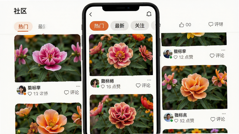 手机界面展示“社区”板块,瀑布流布局展示多张用户上传的花卉照片,每张照片下方有用户昵称、点赞数和评论数,界面顶部有“热门”、“最新”、“关注”标签,风格温馨热闹,体现社区氛围,图片色彩丰富,文字排版规范,画质清晰,无水印干扰