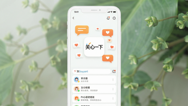 一张高清手机应用界面展示图,主体为白色背景的手机屏幕,屏幕中央显示“关心一下”APP的Logo,周围环绕着温馨的对话气泡和爱心图标,布局居中对称,排版简洁现代,风格清新治愈,细节丰富展示输入框和建议列表,画质4k,干净,无多余元素