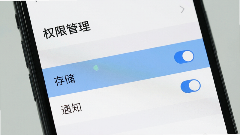 手机设置界面特写,主体为“权限管理”列表,高亮显示“存储”和“通知”选项,布局垂直排列,排版清晰,风格扁平化,细节展示勾选状态,画质清晰,干净,无多余元素