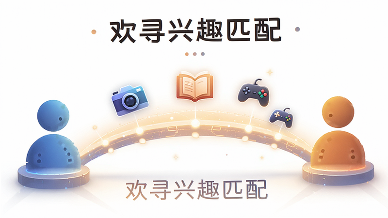 一张概念插画,展示两个抽象的人物图标通过中间的光桥连接,光桥上漂浮着相机、书本、游戏手柄等兴趣标签图标,布局对称,排版平衡,风格科技感与温暖并存,细节丰富,画质高清,干净,无多余元素,文字显示