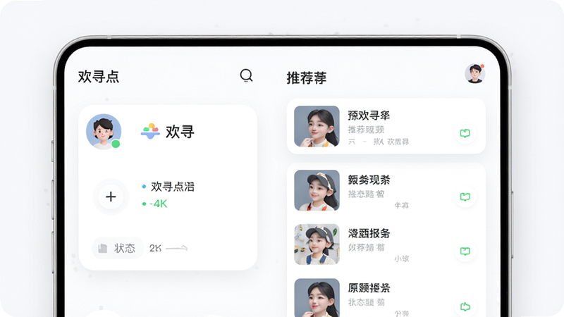 一张高清现代风格的UI界面展示图,主体为欢寻App的主界面,布局清晰,左侧显示用户头像与状态,右侧为推荐列表,排版整洁,风格简约清新,细节包含柔和的阴影与圆角卡片,画质4k,干净,无多余元素,文字显示