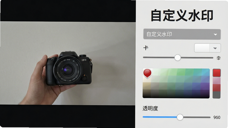 安心水印相机设置界面示意图,主体为水印样式编辑面板,布局分为左右两列,左侧为实时预览图,右侧为调节滑块和输入框,风格极简主义,细节包含字体选择下拉菜单、颜色选择器、透明度进度条,背景为浅灰色,画质高清,干净,无多余元素,文字“自定义水印”醒目显示