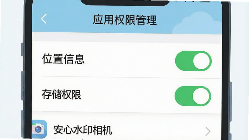 手机设置界面截图风格插画,主体为“应用权限管理”页面,布局列表式,风格扁平化,细节高亮显示“位置信息”和“存储权限”两个开关处于开启状态,背景简洁,画质清晰,无多余弹窗,文字“安心水印相机”在应用列表中清晰可见