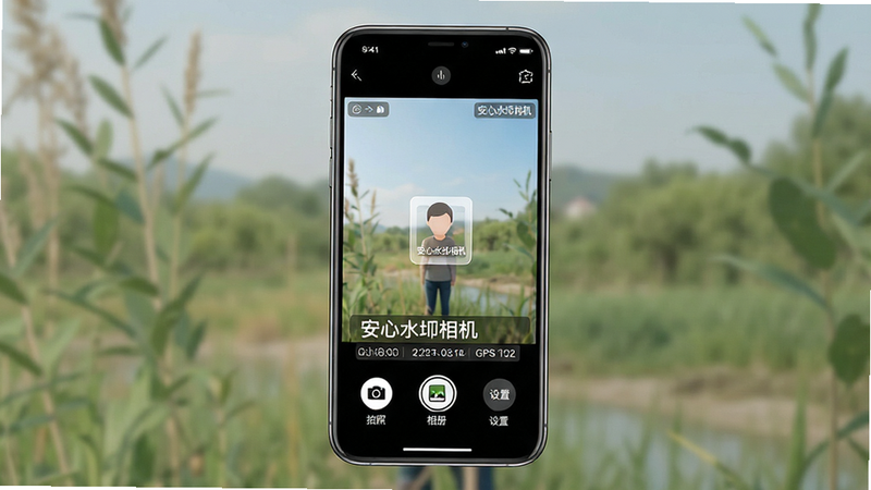 一款名为安心水印相机的手机应用界面全景图,主体为手机屏幕显示的拍摄取景框,布局清晰,上方有状态栏,中间是大面积取景区域,下方排列着“拍照”、“相册”、“设置”三个圆形图标按钮,风格为简洁现代扁平化设计,细节包含水印预览条显示时间、日期和GPS坐标,画质高清,干净无多余元素,文字“安心水印相机”清晰可见