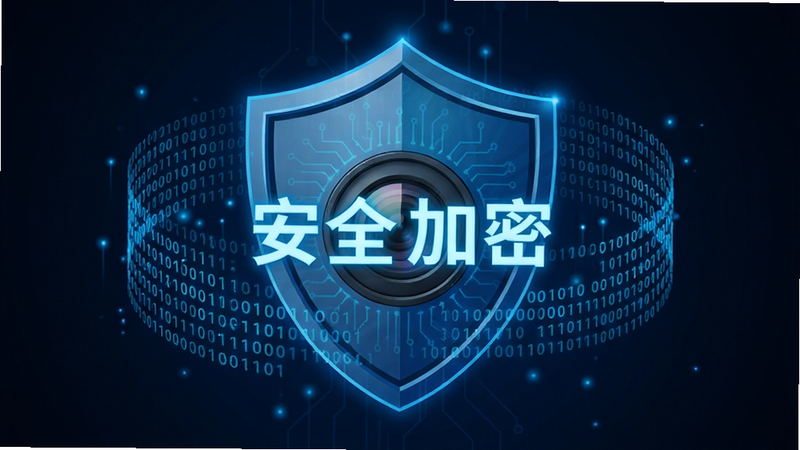 抽象化的数据安全防护概念图,主体为盾牌图标包裹着手机摄像头镜头,布局中心对称,风格蓝色科技风,细节包含二进制代码流环绕盾牌,象征加密保护,背景深邃,画质纯净,无多余杂乱元素,文字“安全加密”以发光字体呈现