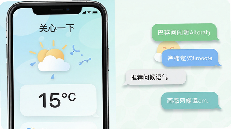“关心一下”APP功能展示图,左侧显示天气图标和温度,右侧显示推荐问候语气泡,界面布局左右对称,配色清新淡雅,细节处有轻微阴影增加立体感,字体清晰易读,画质清晰,干净,无多余元素