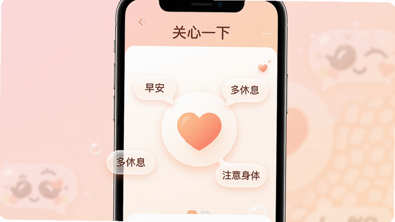 手机屏幕中央显示“关心一下”APP界面,背景为柔和的淡粉色渐变,主色调为白色与浅橙色,界面简洁无杂乱元素,中心有一个温暖的爱心图标,周围漂浮着几个气泡,分别写着“早安”、“多休息”、“注意身体”,整体风格温馨治愈,高清,干净,无多余元素