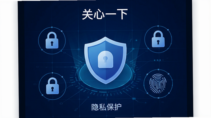 “关心一下”APP隐私设置界面预览,盾牌图标居中,周围环绕着锁形图标和指纹识别图案,背景为深蓝色科技感网格,文字标注“本地加密”、“隐私保护”,风格现代安全,高清,干净,无多余元素