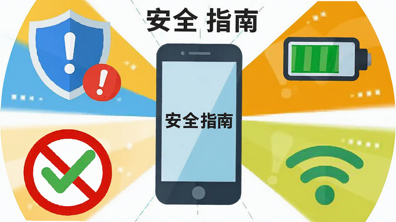 星宠新手避坑指南插图,主体为一个手机图标周围环绕着盾牌、电池、网络信号和禁止符号,布局为圆形辐射状,中心是手机,四周是安全提示图标,风格为扁平化设计,色彩鲜明警示性强,细节处有红色感叹号和绿色对勾,画质清晰,干净,无多余元素,文字标注