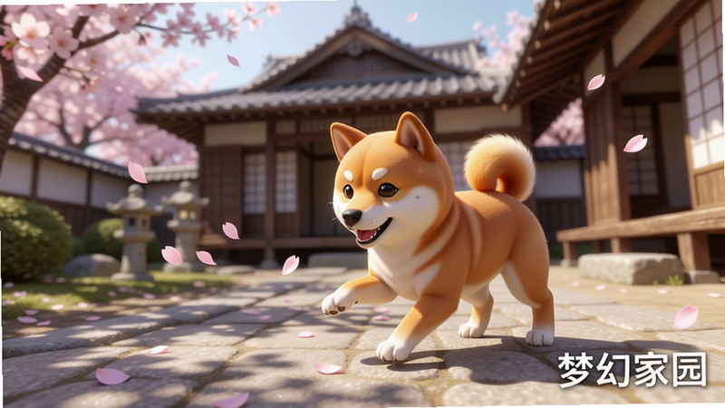 星宠生活场景展示,主体为一只虚拟柴犬在日式庭院中玩耍,周围有樱花飘落,背景是精致的木造房屋,布局采用透视构图突出空间感,风格为唯美写实渲染,细节处有花瓣动态效果和地面阴影,画质超清,干净,无多余元素,文字标注