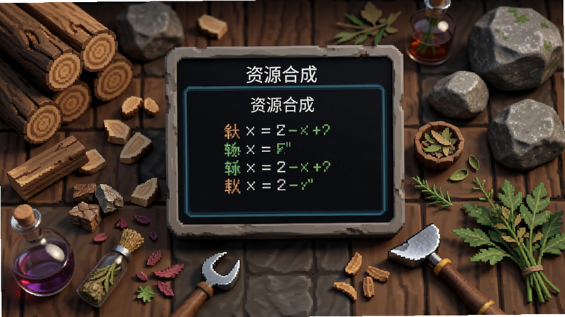 ����Ϊ�ϳɹ���̨���棬��Χɢ����ľ�ġ�ʯͷ�Ͳ�ҩ����Ļ������ʾ�ϳɹ�ʽ������Ϊ���ķ���״���Ű���գ����Ϊ������дʵ��ϣ�ϸ����ʾ���������͹��߹��󣬻��ʸ��壬�ɾ����޶���Ԫ�أ�����Ϊ