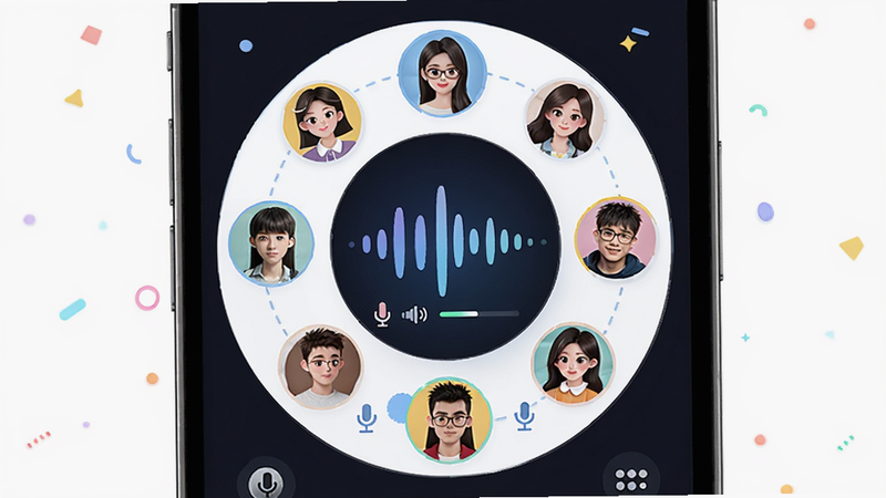 欢寻 APP 语音聊天室界面,主体为手机屏幕,显示多个用户头像围成圆圈,中间有声波波动示意,布局环形,风格活泼,细节展示麦克风图标及音量条,画质高清,干净无多余元素