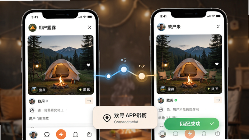 欢寻 APP 智能匹配功能演示图,主体为两个手机屏幕并排,左侧显示用户发布的露营照片,右侧显示匹配到的用户界面,中间有连接线示意,布局对称,风格科技感与温馨感结合,细节展示匹配成功提示,画质清晰,干净无多余元素