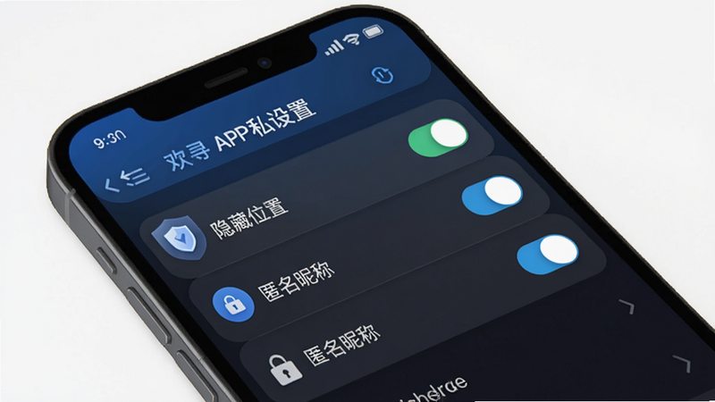欢寻 APP 隐私设置界面,主体为手机屏幕,显示开关选项如“隐藏位置”、“匿名昵称”,布局列表式,风格简洁安全,细节展示盾牌图标及锁图标,画质清晰,干净无多余元素