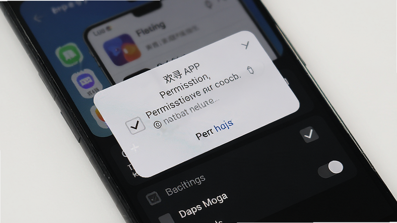 欢寻 APP 在安卓手机上的安装与设置界面,主体为手机屏幕,显示权限请求弹窗及深色模式设置项,布局简洁,风格现代,细节展示勾选框与开关,画质高清,干净无多余元素