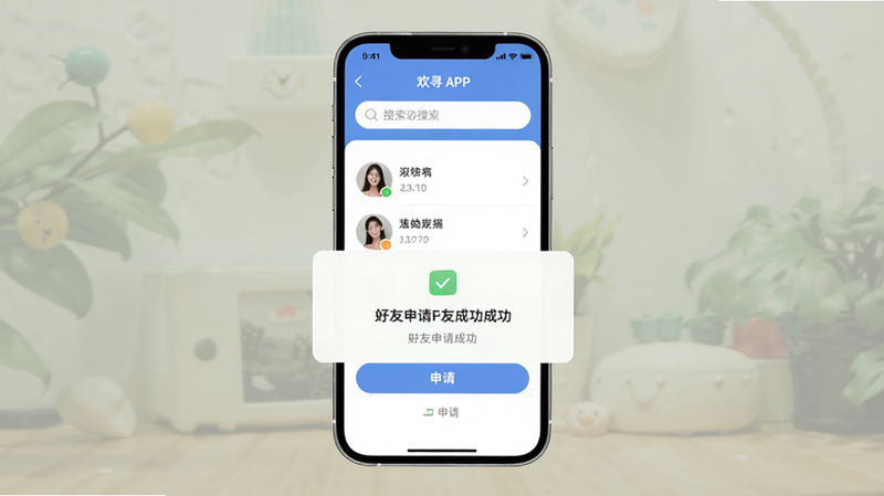欢寻 APP 添加好友流程示意图,主体为手机屏幕,显示搜索框、用户列表及申请按钮,布局清晰,风格友好,细节展示好友申请成功提示,画质清晰,干净无多余元素