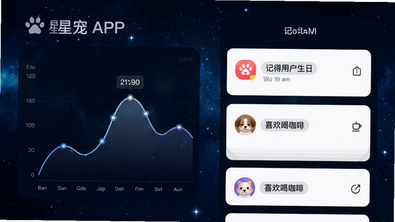 主体为星宠APP的功能展示图,左侧是情感曲线图表,右侧是记忆卡片列表,展示“记得用户生日”、“喜欢喝咖啡”等标签,背景为深蓝色科技感星空,文字标签清晰可见,布局左右对称,现代简约风格,高对比度,细节精致,无杂乱元素