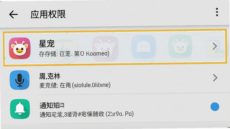 主体为安卓手机设置界面截图,展示“应用权限”管理页面,高亮显示“星宠”应用的权限项,包括存储、麦克风、通知权限,界面清晰,图标标准化,背景为浅灰色,文字说明清晰,无多余装饰,专业UI风格,高清晰度