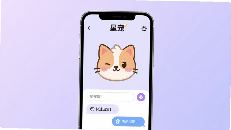主体为手机屏幕界面,背景为柔和的淡紫色渐变,屏幕中央显示星宠APP首页,顶部有“星宠”Logo,中间是一个可爱的卡通宠物头像正在眨眼,下方是输入框和快捷回复气泡,整体风格清新治愈,扁平化设计,高清晰度,无多余元素,干净排版,现代UI设计