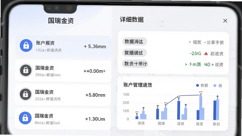 主体为“国瑞金资”APP内的账户管理页面,布局采用卡片式设计,左侧显示账户列表,右侧为详细数据,排版紧凑且逻辑清晰,风格商务专业,细节包含安全锁图标与数据图表,画质清晰,干净无杂乱元素