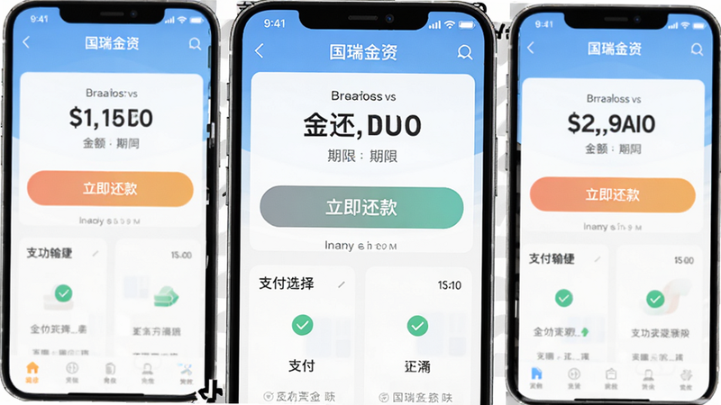 主体为“国瑞金资”APP的还款操作界面,布局中心突出“立即还款”按钮,上方显示应还金额与期限,下方为支付方式选择区,排版强调操作便捷性,风格明快直观,细节包含成功勾选图标,画质高保真,干净简洁