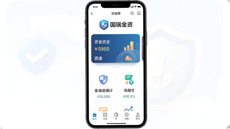 主体为手机屏幕展示“国瑞金资”APP界面,布局清晰,顶部显示应用Logo,中部为资金卡片与功能入口,底部为导航栏,排版整洁有序,风格现代简约,细节体现金融安全感,画质高清,干净无多余元素