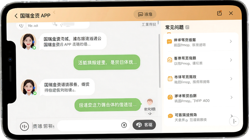 主体为“国瑞金资”APP的在线客服界面,布局左侧为聊天窗口,右侧为常见问题列表,排版友好亲切,风格温暖可靠,细节包含客服头像与消息气泡,画质清晰,干净无干扰元素