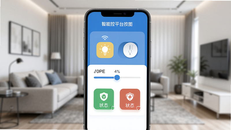 �ǿ�ƽ̨�ֻ���������ͼ��������ʾ���ܼҾӿ�����壬�����ƹ⿪�ء��¶ȵ��ڻ��鼰����״̬ͼ�꣬����Ϊ�ִ���Լ�����黯ͼ���������ƽ����ɫ��������Ϊ��������ϸ�壬��ˮӡ��4k����