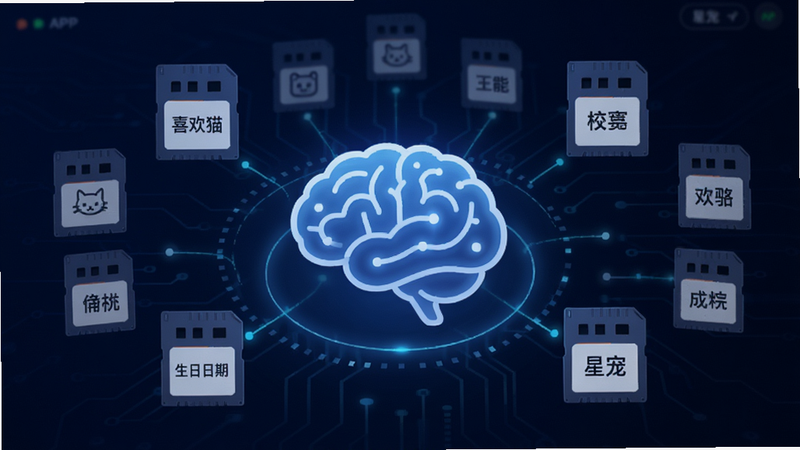 星宠APP的记忆功能可视化界面,展示一个大脑形状的图标,周围环绕着多个存储卡图标,代表不同的记忆片段,如