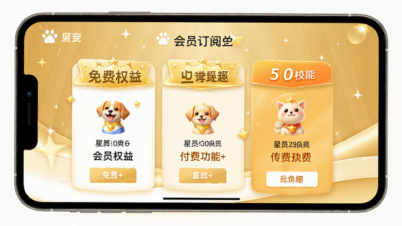 星宠APP的会员订阅界面,展示不同等级的会员权益对比,背景为金色和白色搭配,突出免费与付费功能的区别,设计简洁明了,无复杂背景,高清渲染