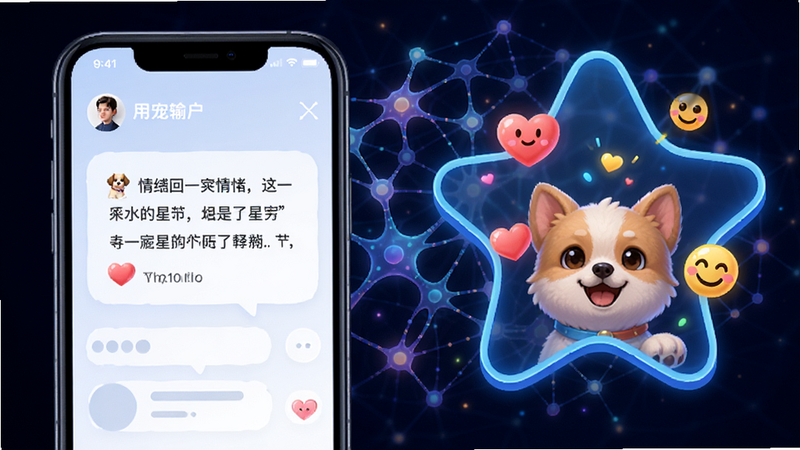 星宠APP的情感分析功能示意图,展示左侧为用户输入的情绪化文字,右侧为星宠生成的带有爱心和笑脸图标的情感回应,背景为抽象的神经网络连接图,体现AI的情感处理能力,色彩明亮,线条流畅,无杂乱背景,高清渲染