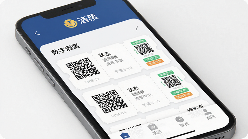 主体为手机屏幕显示“酒票”APP界面,布局简洁现代,顶部有品牌Logo,中间展示数字酒票列表,底部为导航栏,风格为扁平化商务风,细节包含清晰的票券二维码和状态标签,画质高清,干净无多余元素
