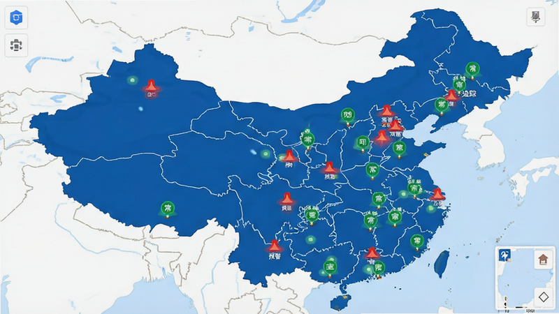 主体为地图界面叠加数据标记点,布局覆盖全国主要城市,排版清晰,风格简约商务蓝白配色,细节包含红色预警图标和绿色正常图标,文字标注“实时追踪”,画质细腻,干净无多余元素