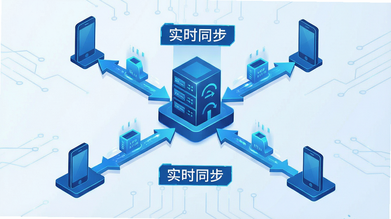 主体为数据流可视化图表,布局呈现从中心服务器向四周手机图标辐射的箭头,排版对称,风格科技感蓝色调,细节包含数据包传输动画效果,文字标注“实时同步”,画质清晰,干净无多余元素