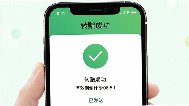 主体为手机屏幕显示“转赠成功”页面,布局中央为大号对勾图标,排版简洁,风格绿色清新风,细节包含接收方昵称和有效期倒计时,文字标注“已发送”,画质明亮,干净无多余元素