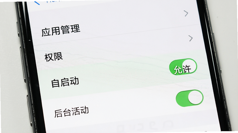 主体为手机设置界面,布局聚焦于“应用管理”与“权限”选项,排版列表式,风格系统原生UI,细节包含高亮的“自启动”和“后台活动”开关,文字标注“允许”,画质清晰,干净无多余元素
