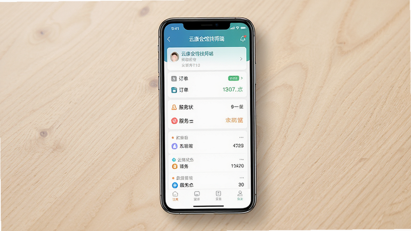 一张展示云康会馆技师端App界面全景的高清图,主体为手机屏幕,背景为柔和的米色木质纹理,风格简约现代,布局清晰,显示订单列表与服务状态,细节精致,画质高,干净,无多余元素,文字包含