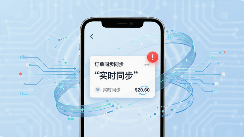 展示订单同步功能的示意图,手机屏幕中央显示一个带有红色通知气泡的订单卡片,周围环绕着数据流动的线条,背景为淡蓝色科技风,主体突出,布局居中,排版简洁,风格专业,细节清晰,画质高,干净,无多余元素,文字包含