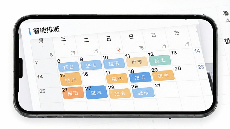 展示智能排班日历界面的图,手机屏幕上显示一个月的日历网格,部分日期被高亮标记为工作日,背景为干净的白色,主体为手机模型,布局规整,排版清晰,风格简约商务,细节丰富,画质高,干净,无多余元素,文字包含