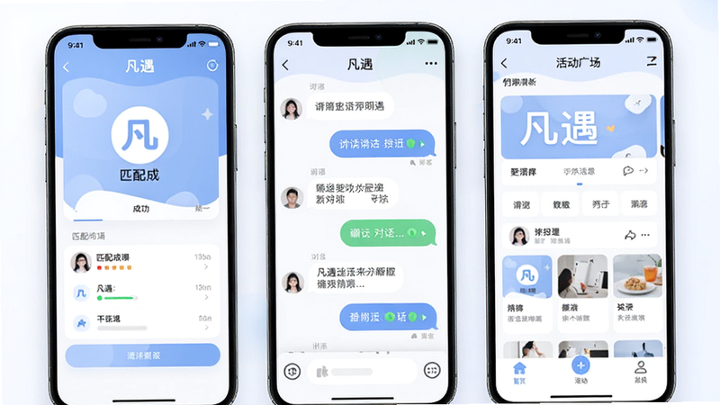 主体为一款名为凡遇的手机应用界面展示图,布局为三屏并列,分别显示匹配成功、聊天对话流、活动广场页面,排版整洁有序,风格为现代扁平化设计,色调以柔和的蓝白色为主,细节处有轻微的光影效果,画质高清,干净,无多余元素,图中包含文字
