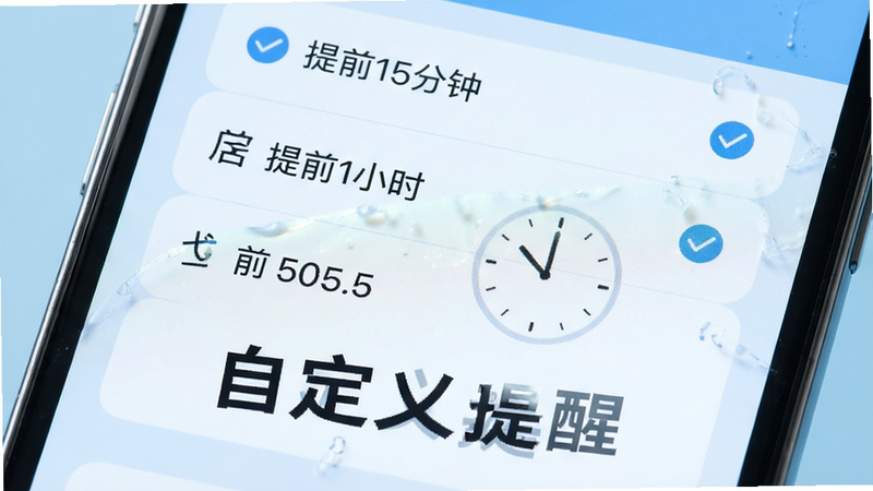 动点预约提醒设置界面特写,主体为手机屏幕,显示提醒选项列表,包括“提前15分钟”、“提前1小时”等选项,布局垂直排列,排版清晰,风格简洁现代,浅蓝色背景,细节处有勾选标记,画质清晰,无多余元素,文字“自定义提醒”醒目